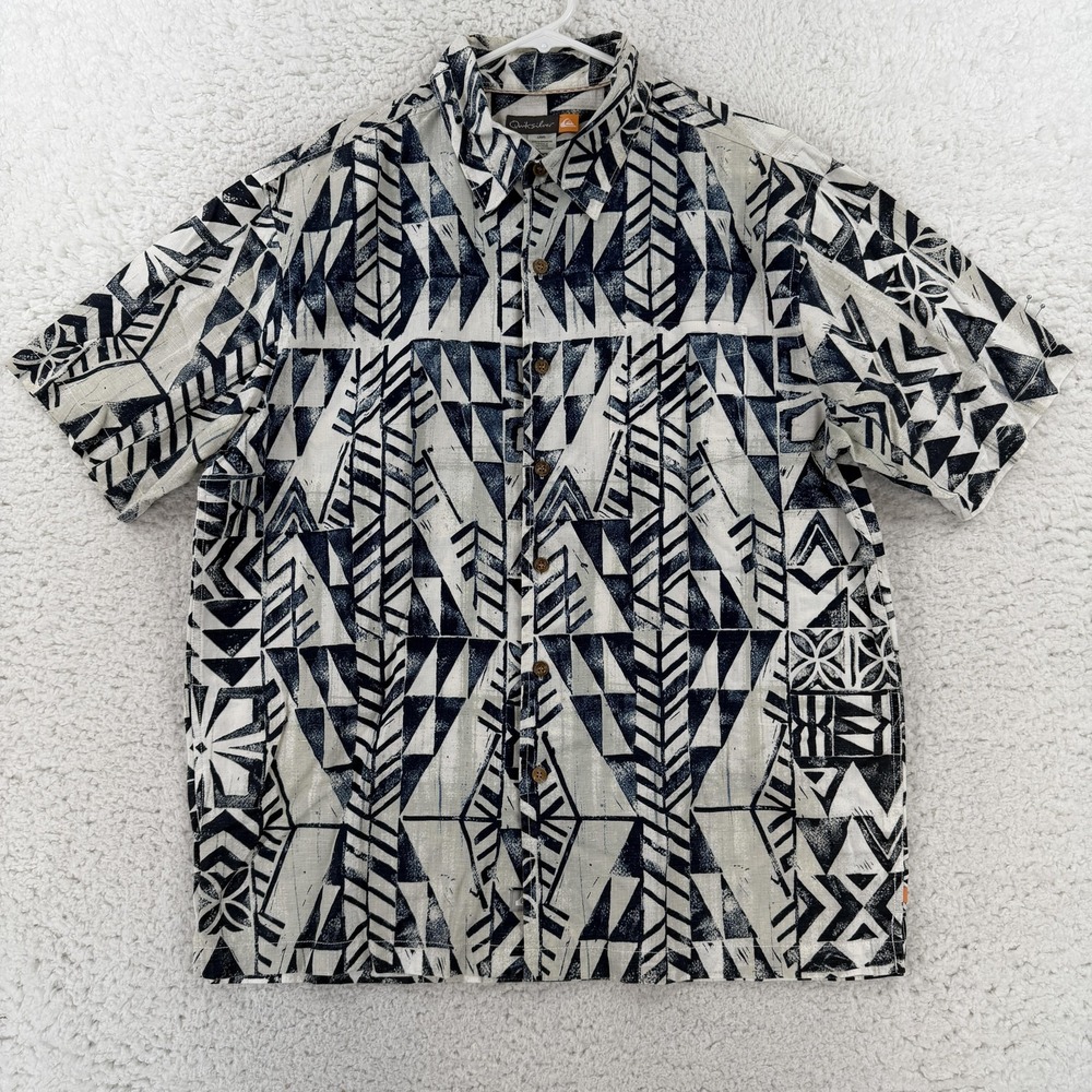 Quiksilver Shirt Mens Large Blue Geometric Hawaiian Short Sleeve Button Up Aloha